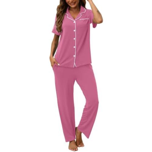 HNG Women Pajamas Set 2 Piece Button Up Pajamas Pant and Short Sleeve Shirt for Woman Pj Sets with Pocket