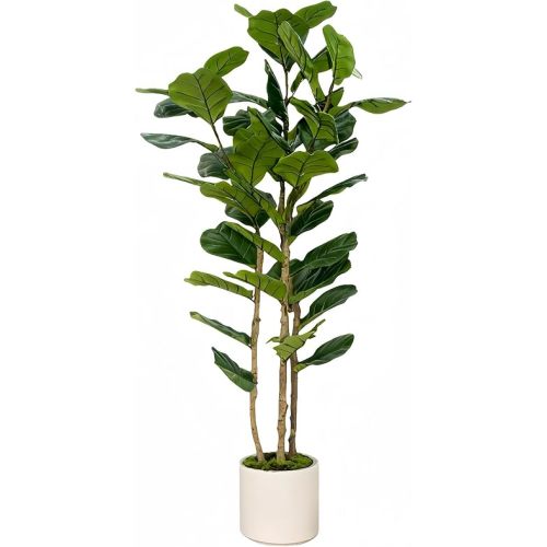 Artificial Fiddle Leaf Fig Tree 5FT with White Tall Planter-Large Faux Tree Tall Fake Floor Plant in Pot,Artificial Plants Indoor for Home Office Living Room Décor(Lyrata 5FT)