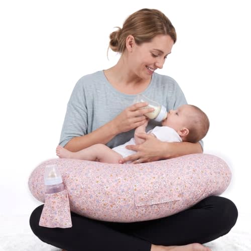 Ultra Wide Nursing Pillow, C-Shape Breastfeeding Pillow with Adjustable Waist Strap, Plus Size Breast Feeding Pillow with Side Pocket, Portable Support Pillow for Newborn Mom- Daisy Pink