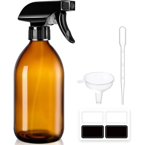 Tecohouse 16oz Amber Glass Spray Bottle for Essential Oils, Refillable with Adjustable Nozzle & Labels - Ideal for Cleaning, Pets, Plants, Hair Mister (Empty)