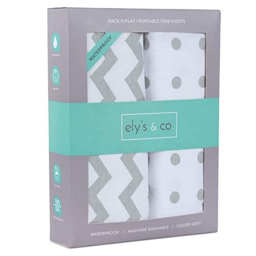 Ely's & Co. Baby Waterproof Fitted Pack n Play - Mini Crib Sheet 100% Combed Jersey Cotton Grey Chevron and Polka Dots 2 Pack