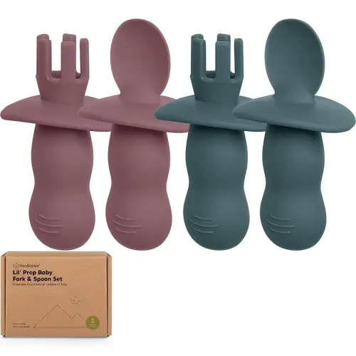 KeaBabies 4-Pack Silicone Baby Spoons and Forks Set - Baby Led Weaning Utensils 6-12 Months, Self Feeding Toddler Spoon & Fork for Training, Teething, Easy to Hold, BPA-Free Silicone (Rocky)