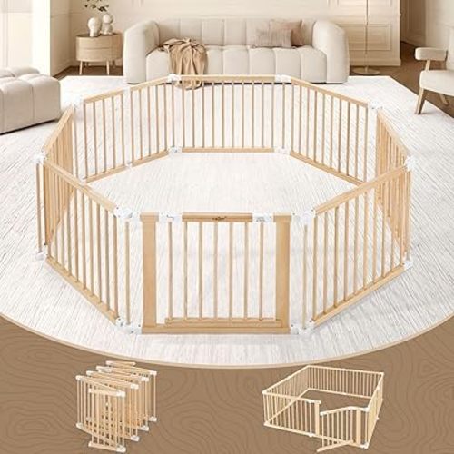 Wooden Baby Playpen Gate 8 Panel Kids Pet Dog Safety Fence Activity Centre Play Yard Pen Foldable Travel Guard