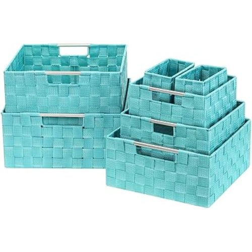 Sorbus Storage Baskets for Organizing (Set of 7), Mesh Hand-Woven Design, Linen Closet Organizers and Storage, Organizer Storage Baskets for Shelves, Variety Pack Organizers and Storage (Aqua)