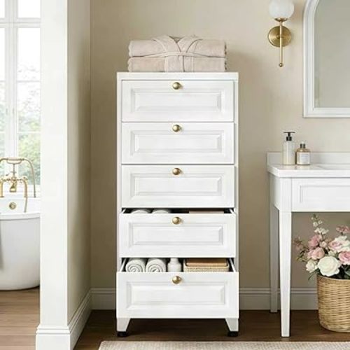 39.37" H Metal Bathroom Storage Cabinet with 5 Drawers,Freestanding Cabinet for Bathroom,Bathroom Floor Cabinet for Home,Assembly Required,White