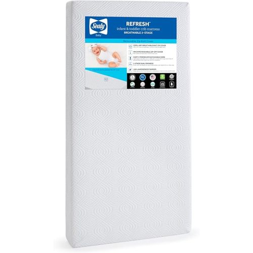 Sealy Baby Refresh Breathable 2 Stage Waterproof Crib Mattress Plus Toddler Bed Fit, Removable Knit Cover, GREENGUARD Gold Certified, Safety & Quality Tested, Made in USA, 52X28 -White