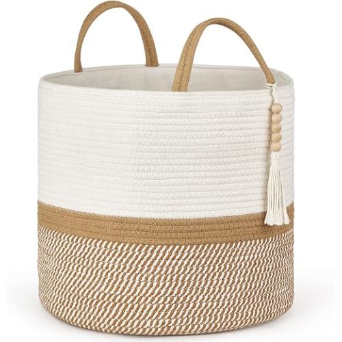 Mkono Woven Storage Basket Decorative Natural Rope Basket Wooden Bead Decoration for Blankets,Toys,Clothes,Shoes,Plant Organizer Bin with Handles Living Room Home Decor, 16"W×13.8"L, White and Brown