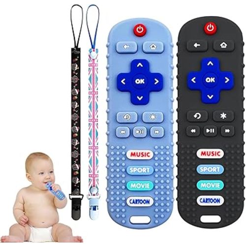 2PCS Baby Cell Phone Toy Infant Teething Sticks, Soft Silicone Baby Remote Control Shape Teethers Toys for Babies 36 Month(Black + Blue)