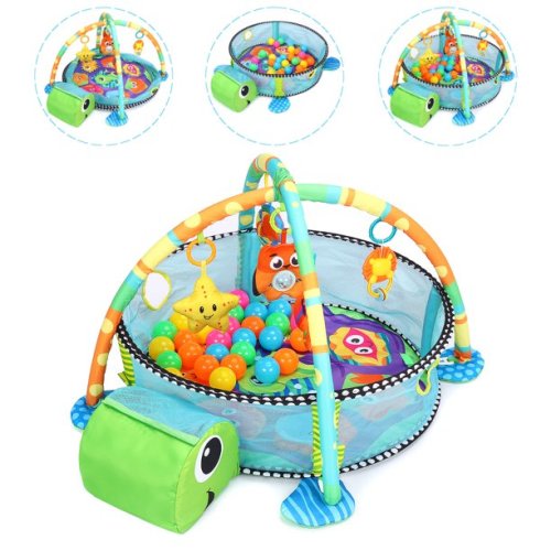 TEAYINGDE 3 in 1 Baby Activity Play Mat Gym Game with Ball Pit Play Crawling Mat Baby Playing Mat Toys Unisex Kids Activity Carpet Infant w Hanging Toys Ocean Ball (Green Turtle),Christmas Gifts