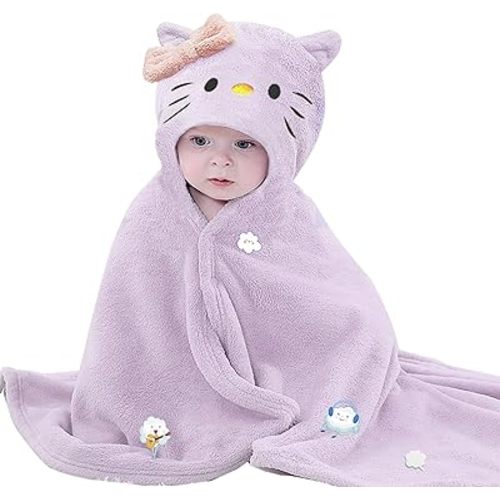 Toddler Baby Bath Towel with Hood 27.5"X55" Ultra Absorbent Soft Cozy Comfort Bathrobe Blanket, 0-6 Years Infant Shower Towel for Girls & Boys(Purple-Cat)