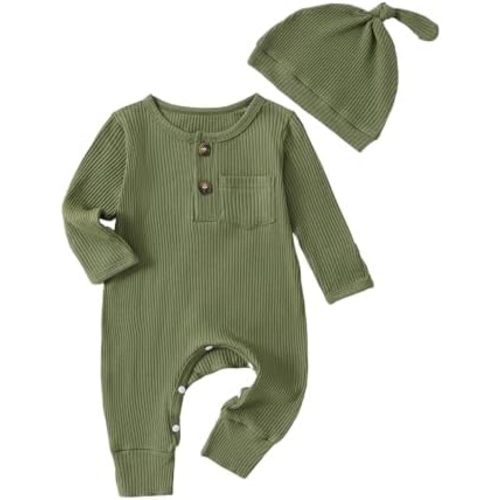 Newborn Baby Boy Girl Clothes Infant One Piece Rompers Solid Ribbed Knit Hat Long Sleeve Clothing Set