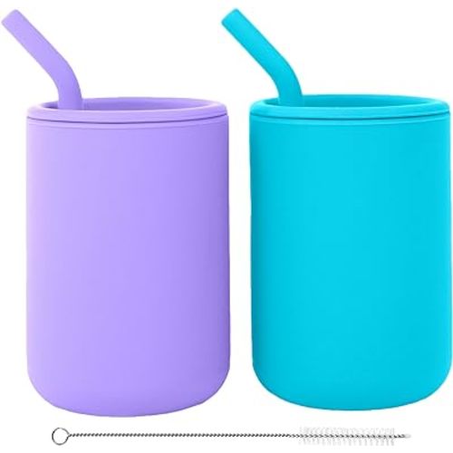WeeSprout Silicone Baby Cups With Straws and Lids, 4 & 8 oz Options, Set of 2, Food Grade Toddler Training Container, Built In Straw Stoppers, Measurement Markings, Dishwasher Safe + Straw Cleaner