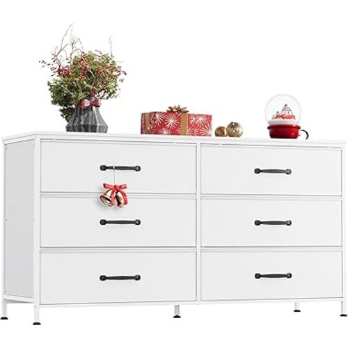 WLIVE Wide Fabric Dresser, 6 Drawer Dresser TV Stand for 60" TV, Dressers Bedroom Furniture Large Storage Tower Unit with Fabric Bins, White Dresser for Bedroom, Closet, Hallway, White