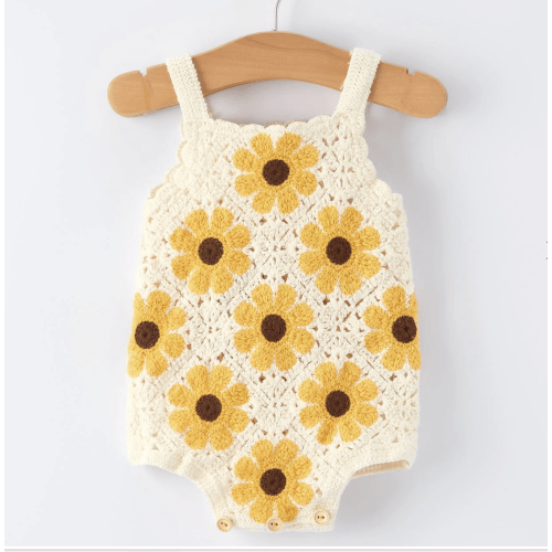 Summer Sunflower Baby Crochet Romper (6, 9 or 12 mo)