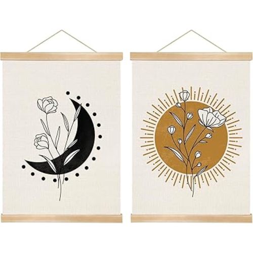 Sun and Moon Wall Art Set of 2,Minimalist Floral Poster on Natural Linen Canvas with Wood Frame, Celestial Boho Decor for Bedroom, Living Room, Meditation Space, or Dorm 14 x 18.5 Inch(BG012)
