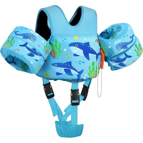 MoKo Toddler Swim Vest for Kids, Swim Arm Floaties 13-30 lbs Cartoon Swimming Water Wings with Crotch Strap, Pool Float Vests Sleeves Shoulder Straps Arm Band for Children, Blue Shark