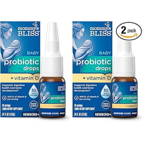 Mommy's Bliss Baby Probiotics + Vitamin D Drops,Supports Digestive Health & Immune Function*,400IU Vitamin D,Supports Bone Development*,Newborns+,Flavorless,0.34 Fl Oz (30 Servings),(Pack of 2)