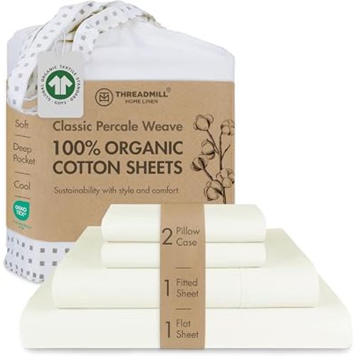 Threadmill Premium Organic Cotton Sheets - GOTS Certified - California King, 4 Piece, Ivory - Healthy Bedding for All Types of Skin - Soft and Cool Bedset with Snug Fit for 16" Deep Pocket