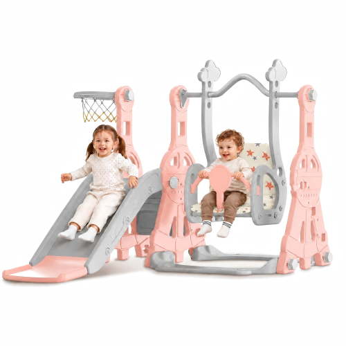 DKMOCO 4-in-1 Toddler Slide and Swing Set, Indoor Outdoor Kids Playground with Basketball Hoop, Climber Activity Playset for Toddlers Ages 1-2, Pink Gray