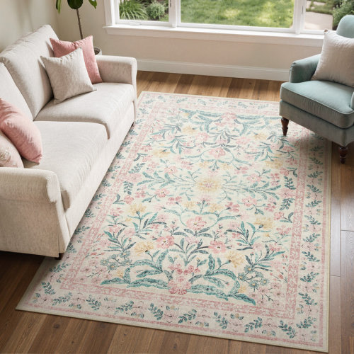 Winston Porter Kaldi Kaldi Oriental Botanical Floral Machine Washable Area Rug with Non-Slip Backing for Living Room, Dining Room, Bedroom & Reviews | Wayfair