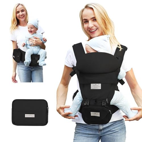 FRUITEAM Baby Carrier Newborn to Toddler, Safety-Certified Baby Carrier with Hip Seat, Ergonomic 6-in-1 Baby Carrier with Head Support, Adjustable & Removable Baby Holder for All Seasons, Black - Black-with Head Support