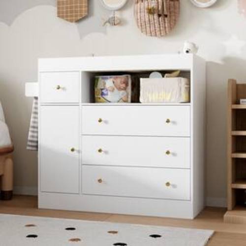 White Changing Table with Drawers, Nursery Dresser with 4-Drawer and Cabinet