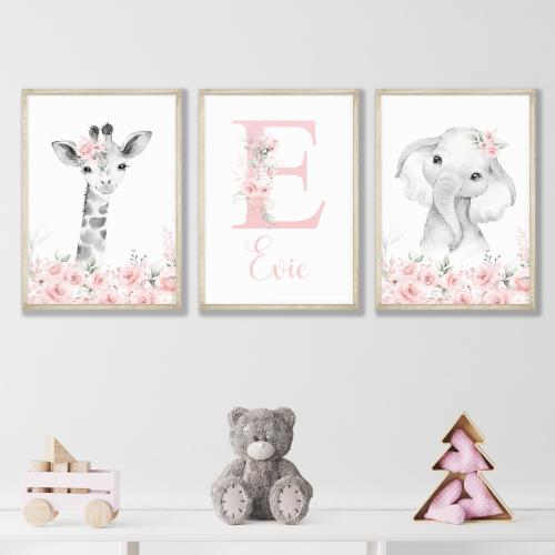 Safari Nursery Prints for Girls: Pink Floral Animals, Custom Name Art (Set of 3)