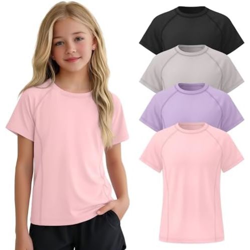 4 Pack Girls Athletic Shirts Quick Dry Short Sleeve Gym Active Tops Kids Youth Crew Neck Summer Activewear Tee