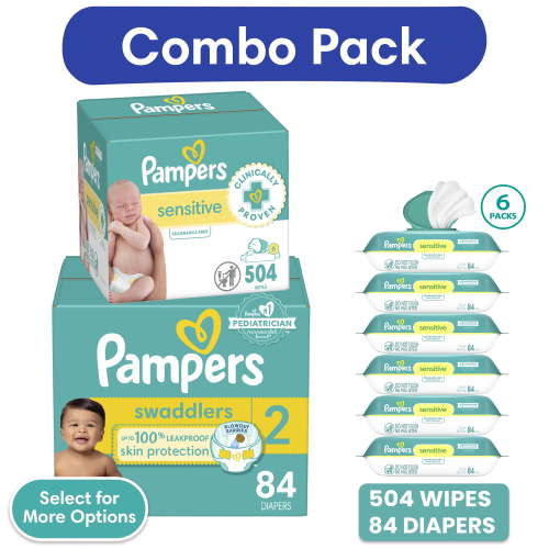 Pampers Swaddlers Diapers, Size 2, 84 Count and Pampers Sensitive Baby Wipes 6-Pack 504 Wipes (Select for More Options)