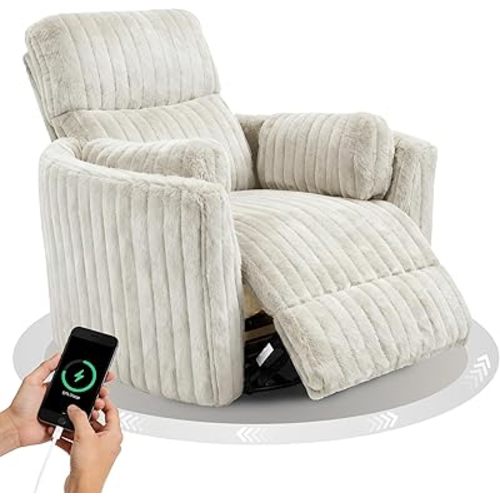 leovanni Power Swivel Rocker Recliner with 2 Pillows, USB & Type-C Charge, Chenille Upholstered Nursery Glider Rocking Chair, Corduroy Recliner Chair for Bedroom Living Room, White