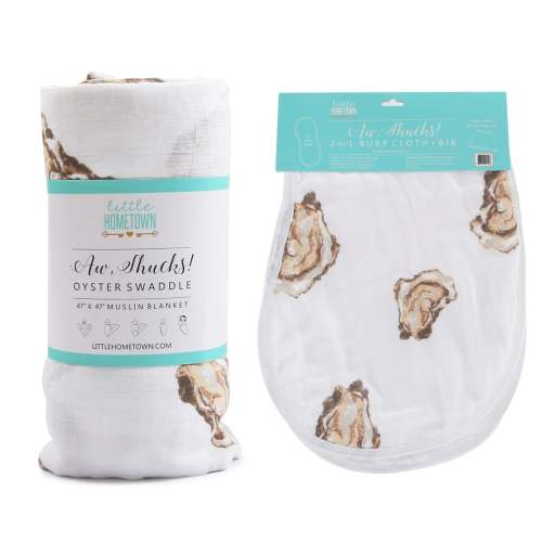 Gift Set: Aw Shucks! Oyster Baby Muslin Swaddle Blanket and Burp Cloth/Bib Combo Baby Shower Essential for Newborn