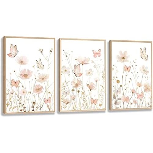 3 PCS Pink Butterfly Wildflower Canvas Wall Art Butterfly Painting Poster Nursery Room Wall Decor Pink Wildflower Pictures for Girls Living Room Bathroom Bedroom Home Decoration 12*16 in (Poster No Frame)