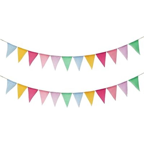 Colorful Pennant Banner, 24pcs Pre-Strung Imitated Burlap Fabric Pastel Rainbow Hanging Flags Bunting Garland for Outside Classroom Party Decorations