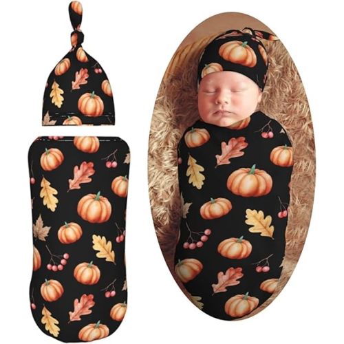 Yellow Fall Leaves and Pumpkin Newborn Swaddle Blanket with Beanie Set Soft Baby Sleep Sack Stretch Adjustable Swaddle Wraps Receiving Blankets