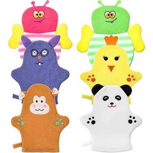 Sibba 6 Pcs Baby Bath Mitt Washcloths Gloves, Gentle Cute Exfoliating Wash Mitt Animal Pattern, Baby Mittens Bath Towel Glove Soft Scrub Toddler Wash Cloths Body Scrubber Bathing Loofah Infant Gloves