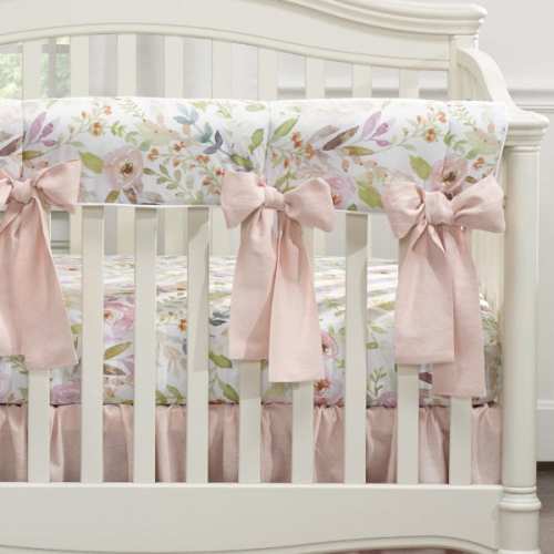 Blush Watercolor Floral Crib Rail Cover With 4 Pre-Tied Oversized Bows | Crib Rail Covers | Liz and Roo