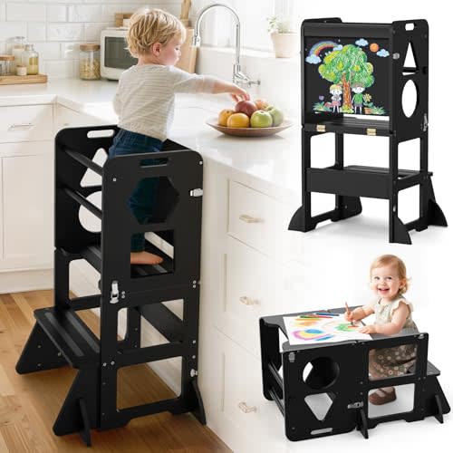 Woodure 4 in-1 Toddler Kitchen Step Stool, Foldable Learning Standing Tower with Blackboard, Wooden Kitchen Stool Helper for Kids, 1-3 Year Old Boy Girl Gifts - Black