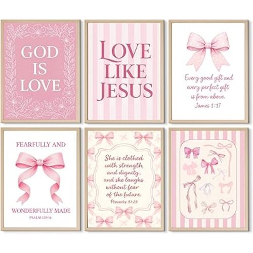 Pink Bow Christian Wall Art Posters for Girls Room Decor, Preppy Teen Coquette Aesthetic Pink Bow Bible Verse pictures for Girl Bedroom Bathroom Dorm Cute christian Prints 6Pcs 8x10 In (UNFRAMED)