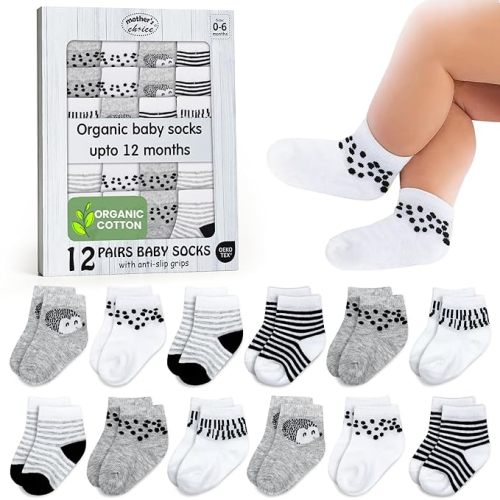 Mother's Choice Baby Socks 0-6 Months 12 Pairs Organic Cotton Blend Newborn Socks for Girls & Boys Stay-On Stretch Infant Socks OEKO-TEX Certified Baby Gift