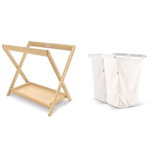 UPPAbaby Bassinet Stand + Hamper Insert Bundle – Quick + Secure Attachment – Hamper Insert Includes Dual Compartment + Carry Handles – Natural
