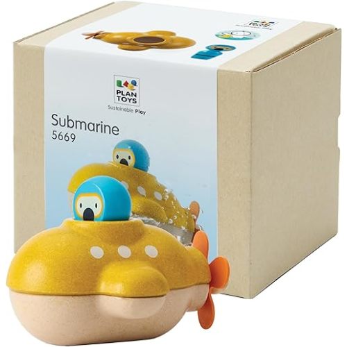 PlanToys® Submarine Wooden Baby Bath Toy for Toddlers | Waterproof Pool Toy | Educational Bathtub Toy for Fine Motor Skills & Imagination | Non-Toxic Toy 18+ Months
