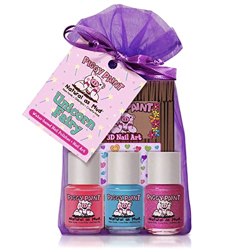Piggy Paint Nail Polish - Non-Toxic Polish for Little Girls, Toddlers, & Kids, Water Based Formula, Safe, Cruelty Free, Vegan, & Natural, Durable Finish - Unicorn Fairy (3 Colors + Nail Art Set)