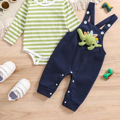 Two-Piece Set for Babies Featuring a Striped Long-Sleeve Romper And Dinosaur-Themed Waffle Overalls, Perfect for Autumn, for Outdoor