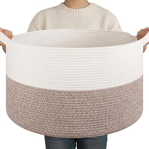 OIAHOMY Large Blanket Basket for Living Room, 19.7" x 12.6" Woven Cotton Rope Laundry Basket for Organizing Pillows, Decorative Stuffed Animal Toy Storage Bin for Nursery, White and Linen Brown