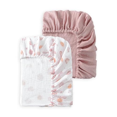 TADO MUSLIN Baby Crib Sheets 2 PCS, 100% Organic Cotton Crib Sheet for Standard Crib Mattress(52”x 28”), Fitted and Soft Breathable Muslin Crib Mattress Sheet for Girl and Boy (Rainbow, Pink)