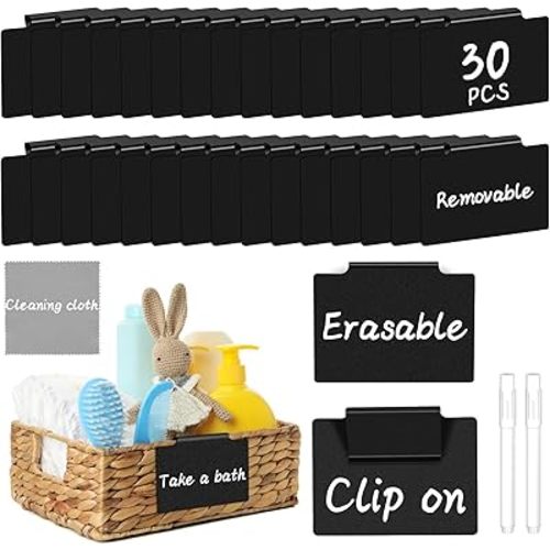 33PCS Basket Labels Clip On, 30 Labels for Storage Bins Removable with 2 Chalk Markers & 1 Wipe, Kitchen Pantry Labels, Plastic Storage Bin Label, Label Holder, Basket Tags, Bin Clips (Black)