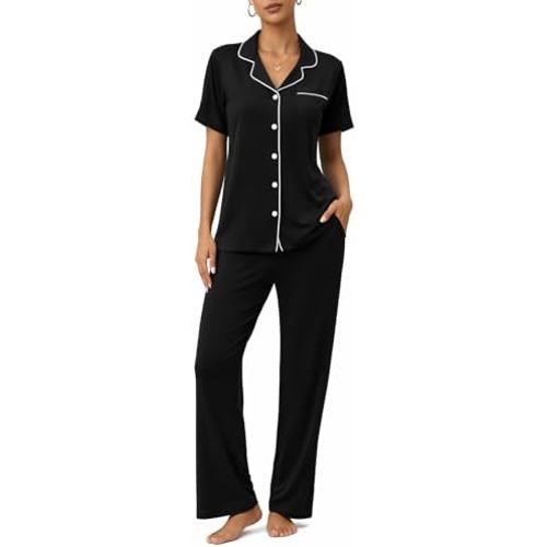 ZMJ Conjunto de pijama de 2 piezas, para mujer, con botones, manga corta y pantalón largo
