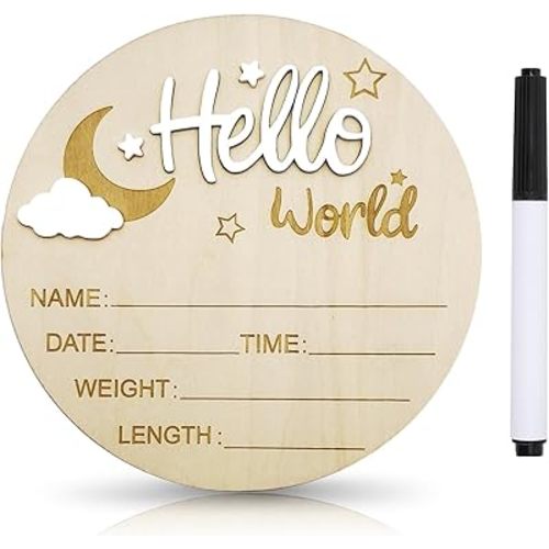 Baby Announcement Sign, 5.9 Inch Wooden Hello World Newborn Signs, Birth Announcement Sign and Pen, Moon and White Cloud Decoration, Welcome Newborn Arrival to World, Hospital Nursery for baby (White)