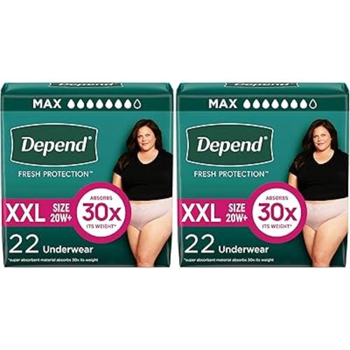 Depend Incontinence Underwear for Women, XXL, 22 Count | Maximum Absorption | Blush | Disposable | Pack of 2