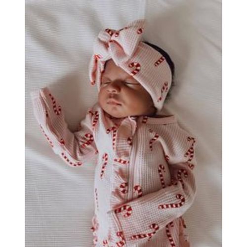 Organic Waffle Ruffle Zip Footie, Pink Candy Cane